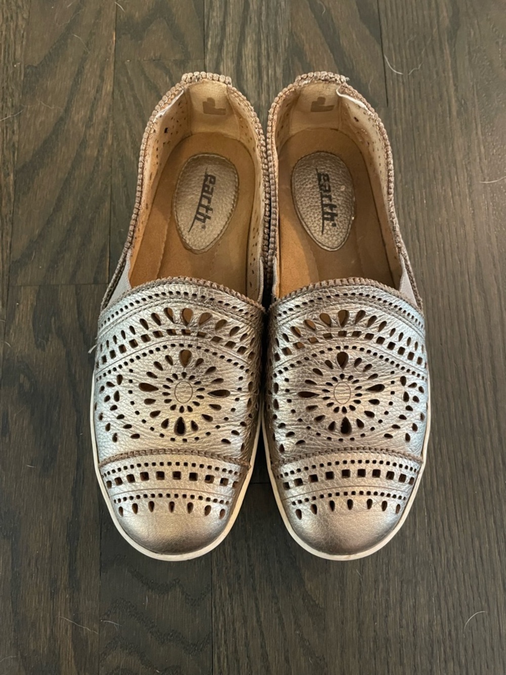 Earth Perforated Metallic Gold Slip-On Flats
